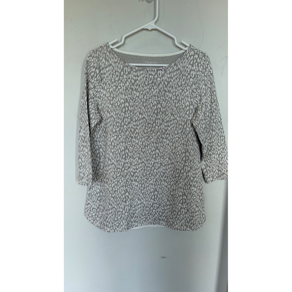 Talbots Womens Grey White Leopard Print Boat Neck 3/4 Sleeve Top Small